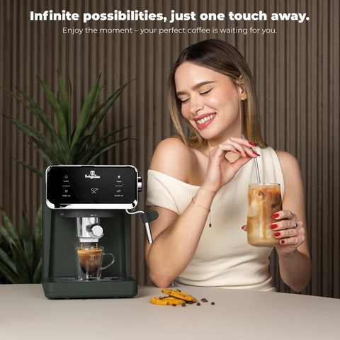 Product image of Digital espresso coffee maker 3in1. Part of the Matte Green Collection . Features: • Material: stainless steel • Power: 950 W • Voltage: 220-240V 50/60 Hz • 1L water tank • 1 and 2 cup filter • 2 in 1 plastic spoon with tamper • S.... (Studio view). Official Berlinger Haus product, boosted by Promintra sl.