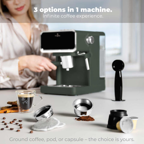 Product image of Digital espresso coffee maker 3in1. Part of the Matte Green Collection . Features: • Material: stainless steel • Power: 950 W • Voltage: 220-240V 50/60 Hz • 1L water tank • 1 and 2 cup filter • 2 in 1 plastic spoon with tamper • S.... (Studio view). Official Berlinger Haus product, boosted by Promintra sl.
