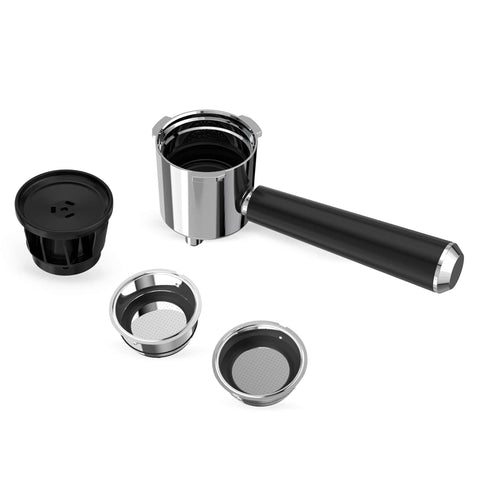 Product image of Digital espresso coffee maker 3in1. Part of the Black Vantage Collection/Matte Black Collection/Black Silver Collection . Features: • Material: stainless steel • Power: 950 W • Voltage: 220-240V 50/60 Hz • 1L water tank • 1 and 2 cup filter • 2 in 1 plastic spoon with tamper • S.... (Conceptual view). Official Berlinger Haus product, boosted by Promintra sl.