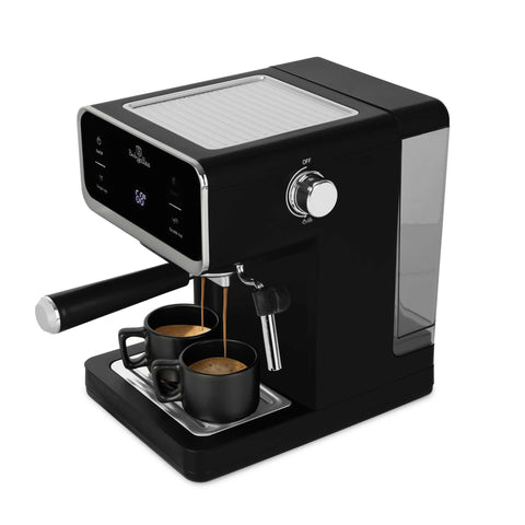 Product image of Digital espresso coffee maker 3in1. Part of the Black Vantage Collection/Matte Black Collection/Black Silver Collection . Features: • Material: stainless steel • Power: 950 W • Voltage: 220-240V 50/60 Hz • 1L water tank • 1 and 2 cup filter • 2 in 1 plastic spoon with tamper • S.... (Conceptual view). Official Berlinger Haus product, boosted by Promintra sl.