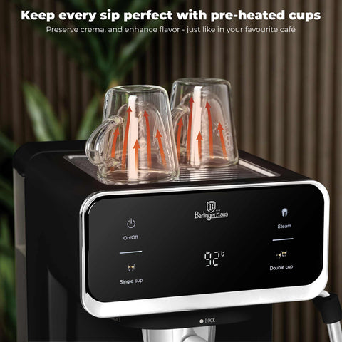 Product image of Digital espresso coffee maker 3in1. Part of the Black Vantage Collection/Matte Black Collection/Black Silver Collection . Features: • Material: stainless steel • Power: 950 W • Voltage: 220-240V 50/60 Hz • 1L water tank • 1 and 2 cup filter • 2 in 1 plastic spoon with tamper • S.... (Conceptual view). Official Berlinger Haus product, boosted by Promintra sl.