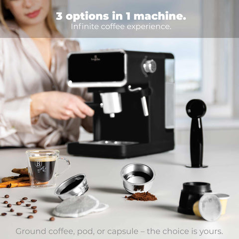 Product image of Digital espresso coffee maker 3in1. Part of the Black Vantage Collection/Matte Black Collection/Black Silver Collection . Features: • Material: stainless steel • Power: 950 W • Voltage: 220-240V 50/60 Hz • 1L water tank • 1 and 2 cup filter • 2 in 1 plastic spoon with tamper • S.... (Conceptual view). Official Berlinger Haus product, boosted by Promintra sl.
