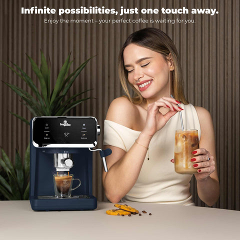 Product image of Digital espresso coffee maker 3in1. Part of the Deep Sea Collection . Features: • Material: stainless steel • Power: 950 W • Voltage: 220-240V 50-60 Hz • 1L water tank • 1 and 2 cup filter • 2 in 1 plastic spoon with tamper • S.... (Conceptual view). Official Berlinger Haus product, boosted by Promintra sl.