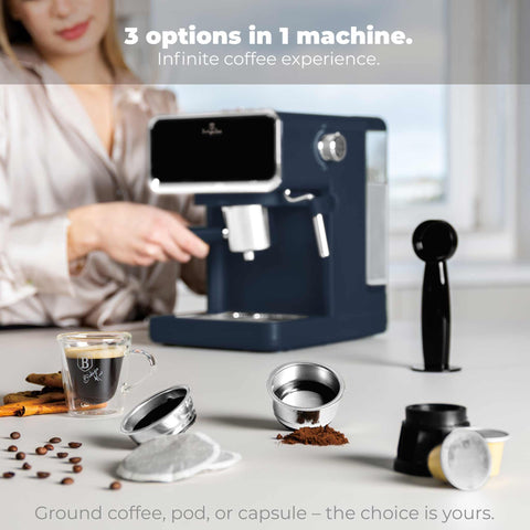 Product image of Digital espresso coffee maker 3in1. Part of the Deep Sea Collection . Features: • Material: stainless steel • Power: 950 W • Voltage: 220-240V 50-60 Hz • 1L water tank • 1 and 2 cup filter • 2 in 1 plastic spoon with tamper • S.... (Conceptual view). Official Berlinger Haus product, boosted by Promintra sl.