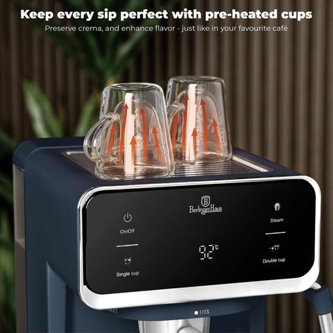 Product image of Digital espresso coffee maker 3in1. Part of the Deep Sea Collection . Features: • Material: stainless steel • Power: 950 W • Voltage: 220-240V 50-60 Hz • 1L water tank • 1 and 2 cup filter • 2 in 1 plastic spoon with tamper • S.... (Conceptual view). Official Berlinger Haus product, boosted by Promintra sl.