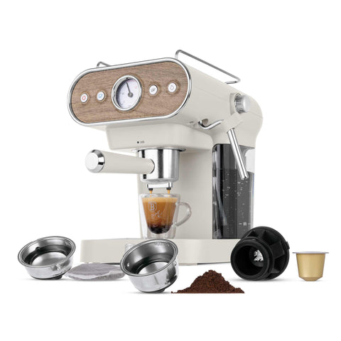 Product image of Espresso coffee maker 3in1. Part of the Sahara Nordic Collection . Features: • Material: stainless steel • Power: 950 W • Voltage: 220-240V 50-60 Hz • 1,2L water tank • 1 and 2 cup filter • 2 in 1 plastic spoon with tamper •.... (Studio view). Official Berlinger Haus product, boosted by Promintra sl.