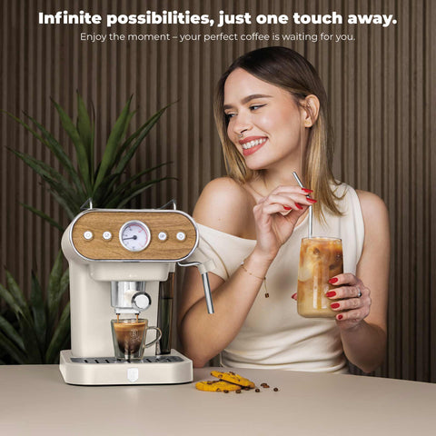 Product image of Espresso coffee maker 3in1. Part of the Sahara Nordic Collection . Features: • Material: stainless steel • Power: 950 W • Voltage: 220-240V 50-60 Hz • 1,2L water tank • 1 and 2 cup filter • 2 in 1 plastic spoon with tamper •.... (Studio view). Official Berlinger Haus product, boosted by Promintra sl.