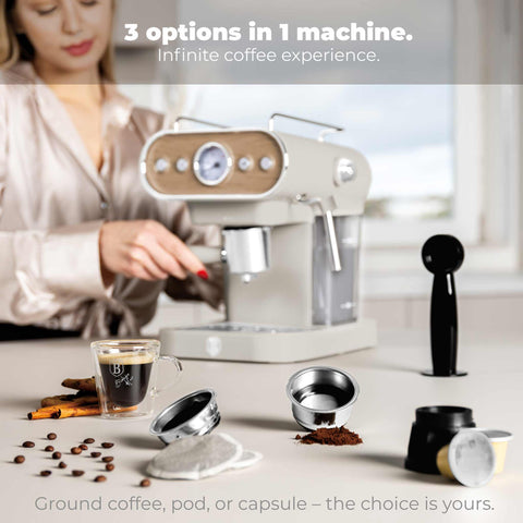 Product image of Espresso coffee maker 3in1. Part of the Sahara Nordic Collection . Features: • Material: stainless steel • Power: 950 W • Voltage: 220-240V 50-60 Hz • 1,2L water tank • 1 and 2 cup filter • 2 in 1 plastic spoon with tamper •.... (Studio view). Official Berlinger Haus product, boosted by Promintra sl.