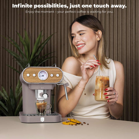  BH/9856, Cafetera espresso 3 en 1, Color topo mate, Madera, Cafetera espresso, Eléctrica, Cafetera eléctrica, Cafetera espresso con espumador de leche, Electrodomésticos, Cafetera