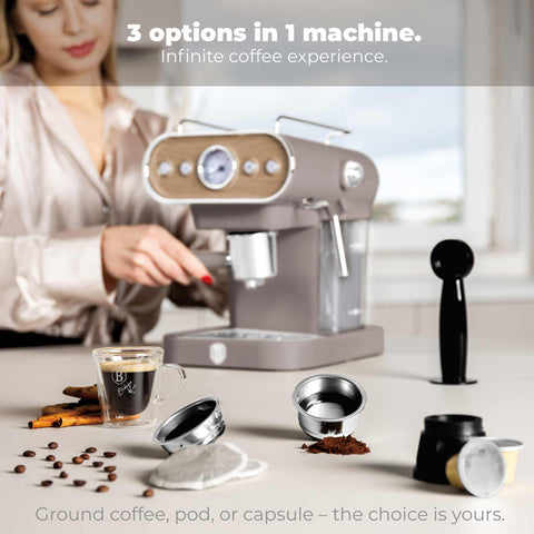 BH/9856, Cafetera espresso 3 en 1, Color topo mate, Madera, Cafetera espresso, Eléctrica, Cafetera eléctrica, Cafetera espresso con espumador de leche, Electrodomésticos, Cafetera