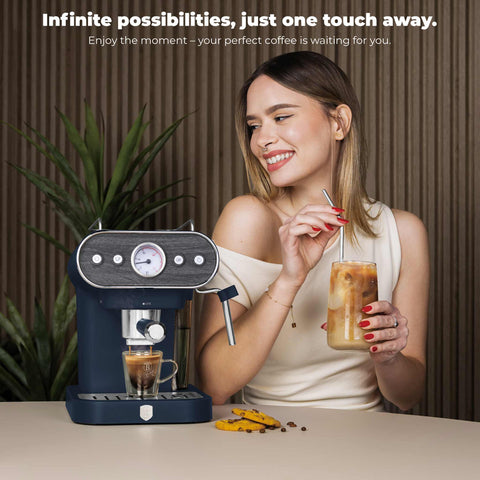 BH/9858, Cafetera espresso 3 en 1, Azul mate, Madera, Cafetera espresso, Eléctrica, Cafetera eléctrica, Cafetera espresso con espumador de leche, Electrodomésticos, Cafetera