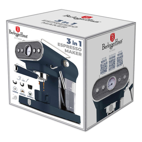 Product image of Espresso coffee maker 3in1. Part of the Deep Sea Collection . Features: • Material: stainless steel • Power: 950 W • Voltage: 220-240V 50-60 Hz • 1,2L water tank • 1 and 2 cup filter • 2 in 1 plastic spoon with tamper •.... (Studio view). Official Berlinger Haus product, boosted by Promintra sl.