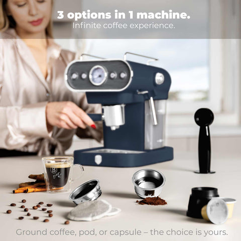BH/9858, Cafetera espresso 3 en 1, Azul mate, Madera, Cafetera espresso, Eléctrica, Cafetera eléctrica, Cafetera espresso con espumador de leche, Electrodomésticos, Cafetera