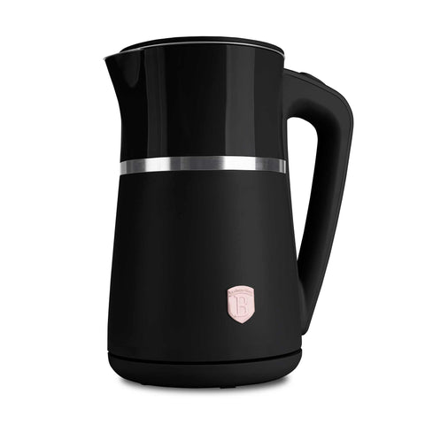 Product image of Double wall kettle. Part of the Black Rose Collection . Features: • Material: 18/10 stainless steel inside, plastic outside • Capacity: 1,7L • Voltage: 220-240V,50/60Hz • Power: 1850-2200 W • Size: 21,6*15,5*26,2 .... (Studio view). Official Berlinger Haus product, boosted by Promintra sl.