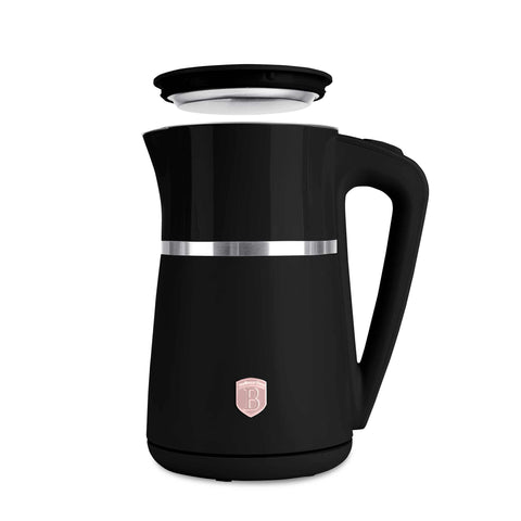 Product image of Double wall kettle. Part of the Black Rose Collection . Features: • Material: 18/10 stainless steel inside, plastic outside • Capacity: 1,7L • Voltage: 220-240V,50/60Hz • Power: 1850-2200 W • Size: 21,6*15,5*26,2 .... (Studio view). Official Berlinger Haus product, boosted by Promintra sl.