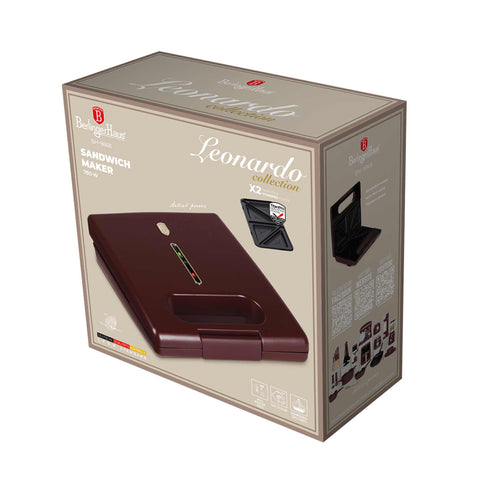 Product image of Sandwich maker. Part of the Leonardo Collection . Features: • Material: aluminium, bakelite • Power: 650-780 W • Voltage: 220-240 V, 50/60Hz • Plate size: 22,5*13 cm • NON-STICK coating • Length of power cor.... (Studio view). Official Berlinger Haus product, boosted by Promintra sl.