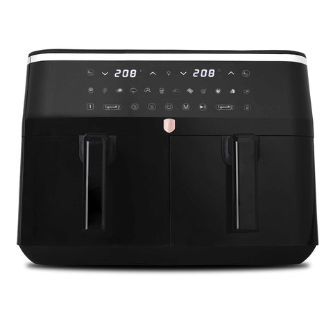 Product image of Dual basket air fryer 4,5+4,5L with visible windows. Part of the Black Rose Collection . Features: • Power: 220-240V ~ 50-60Hz 2600-3100W • Temperature control: 60-200℃ • XXXL SIZE: Capacity: 9L=4,5L+4,5L • Non-stick oil tray and food basket - di.... (Studio view). Official Berlinger Haus product, boosted by Promintra sl.