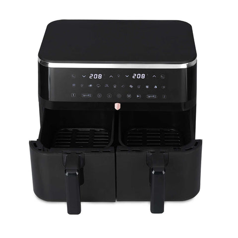 Product image of Dual basket air fryer 4,5+4,5L with visible windows. Part of the Black Rose Collection . Features: • Power: 220-240V ~ 50-60Hz 2600-3100W • Temperature control: 60-200℃ • XXXL SIZE: Capacity: 9L=4,5L+4,5L • Non-stick oil tray and food basket - di.... (Studio view). Official Berlinger Haus product, boosted by Promintra sl.
