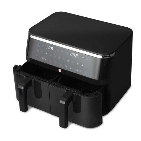 Product image of Dual basket air fryer 4,5+4,5L with visible windows. Part of the Black Rose Collection . Features: • Power: 220-240V ~ 50-60Hz 2600-3100W • Temperature control: 60-200℃ • XXXL SIZE: Capacity: 9L=4,5L+4,5L • Non-stick oil tray and food basket - di.... (Studio view). Official Berlinger Haus product, boosted by Promintra sl.