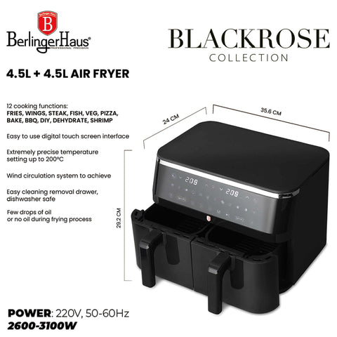 Product image of Dual basket air fryer 4,5+4,5L with visible windows. Part of the Black Rose Collection . Features: • Power: 220-240V ~ 50-60Hz 2600-3100W • Temperature control: 60-200℃ • XXXL SIZE: Capacity: 9L=4,5L+4,5L • Non-stick oil tray and food basket - di.... (Studio view). Official Berlinger Haus product, boosted by Promintra sl.