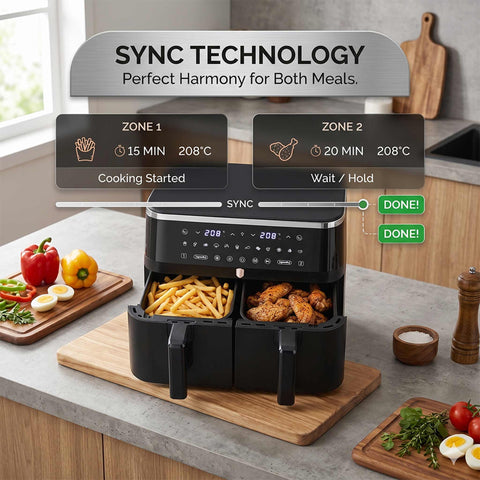 Product image of Dual basket air fryer 4,5+4,5L with visible windows. Part of the Black Rose Collection . Features: • Power: 220-240V ~ 50-60Hz 2600-3100W • Temperature control: 60-200℃ • XXXL SIZE: Capacity: 9L=4,5L+4,5L • Non-stick oil tray and food basket - di.... (Studio view). Official Berlinger Haus product, boosted by Promintra sl.