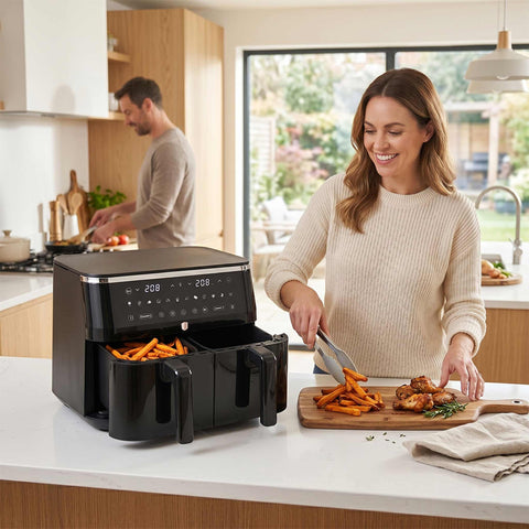 Product image of Dual basket air fryer 4,5+4,5L with visible windows. Part of the Black Rose Collection . Features: • Power: 220-240V ~ 50-60Hz 2600-3100W • Temperature control: 60-200℃ • XXXL SIZE: Capacity: 9L=4,5L+4,5L • Non-stick oil tray and food basket - di.... (Studio view). Official Berlinger Haus product, boosted by Promintra sl.
