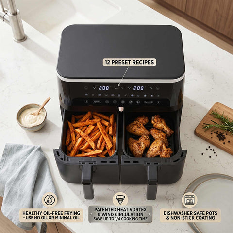 Product image of Dual basket air fryer 4,5+4,5L with visible windows. Part of the Black Rose Collection . Features: • Power: 220-240V ~ 50-60Hz 2600-3100W • Temperature control: 60-200℃ • XXXL SIZE: Capacity: 9L=4,5L+4,5L • Non-stick oil tray and food basket - di.... (Studio view). Official Berlinger Haus product, boosted by Promintra sl.