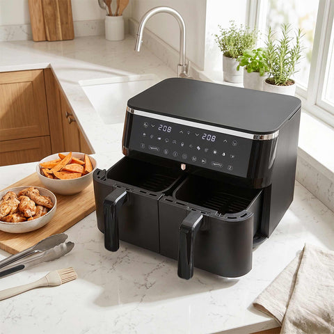 Product image of Dual basket air fryer 4,5+4,5L with visible windows. Part of the Black Rose Collection . Features: • Power: 220-240V ~ 50-60Hz 2600-3100W • Temperature control: 60-200℃ • XXXL SIZE: Capacity: 9L=4,5L+4,5L • Non-stick oil tray and food basket - di.... (Studio view). Official Berlinger Haus product, boosted by Promintra sl.