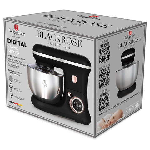 Product image of Kitchen machine. Part of the Black Rose Collection . Features: • Material: stainless steel, plastic • 1500 W, 220-240V, 50/60 Hz • Include: • 18/10 stainless steel bowl 6L • Non-stick dough hook • Non-stick bea.... (Studio view). Official Berlinger Haus product, boosted by Promintra sl.