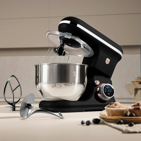 Product image of Kitchen machine. Part of the Black Rose Collection . Features: • Material: stainless steel, plastic • 1500 W, 220-240V, 50/60 Hz • Include: • 18/10 stainless steel bowl 6L • Non-stick dough hook • Non-stick bea.... (Studio view). Official Berlinger Haus product, boosted by Promintra sl.