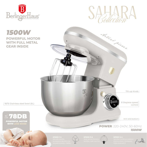 Product image of Kitchen machine. Part of the Sahara Collection . Features: • Material: stainless steel, plastic • 1500 W, 220-240V, 50/60 Hz • Include: • 18/10 stainless steel bowl 6L • Non-stick dough hook • Non-stick bea.... (Studio view). Official Berlinger Haus product, boosted by Promintra sl.