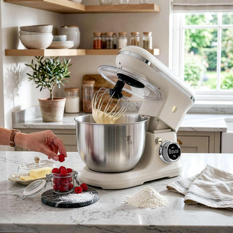 Product image of Kitchen machine. Part of the Sahara Collection . Features: • Material: stainless steel, plastic • 1500 W, 220-240V, 50/60 Hz • Include: • 18/10 stainless steel bowl 6L • Non-stick dough hook • Non-stick bea.... (Studio view). Official Berlinger Haus product, boosted by Promintra sl.