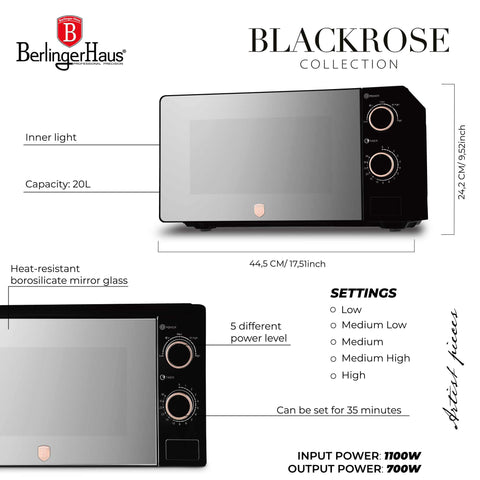 Product image of Mechanical microwave oven 20L. Part of the Black Rose Collection . Features: • Input power: 1100W • Output power: 700W • Capacity: 20L • Glass plate: Ø24,5 cm • Size: 24,2*44,5*32,5 cm • Length of power cord: 85 cm • Color: .... (Studio view). Official Berlinger Haus product, boosted by Promintra sl.