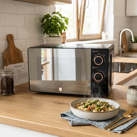 Product image of Mechanical microwave oven 20L. Part of the Black Rose Collection . Features: • Input power: 1100W • Output power: 700W • Capacity: 20L • Glass plate: Ø24,5 cm • Size: 24,2*44,5*32,5 cm • Length of power cord: 85 cm • Color: .... (Studio view). Official Berlinger Haus product, boosted by Promintra sl.