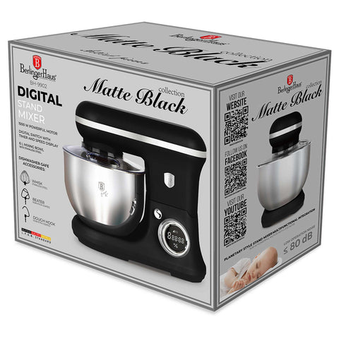 Product image of Kitchen machine. Part of the Black Vantage Collection/Matte Black Collection/Black Silver Collection . Features: • Material: stainless steel, plastic • 1500 W, 220-240V, 50/60 Hz • Include: • 18/10 stainless steel bowl 6L • Non-stick dough hook • Non-stick bea.... (Studio view). Official Berlinger Haus product, boosted by Promintra sl.