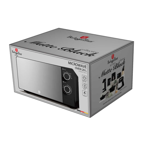 Product image of Mechanical microwave oven 20L. Part of the Black Vantage Collection/Matte Black Collection/Black Silver Collection . Features: • Input power: 1100W • Output power: 700W • Capacity: 20L • Glass plate: Ø24,5 cm • Size: 24,2*44,5*32,5 cm • Length of power cord: 85 cm • Color: .... (Studio view). Official Berlinger Haus product, boosted by Promintra sl.