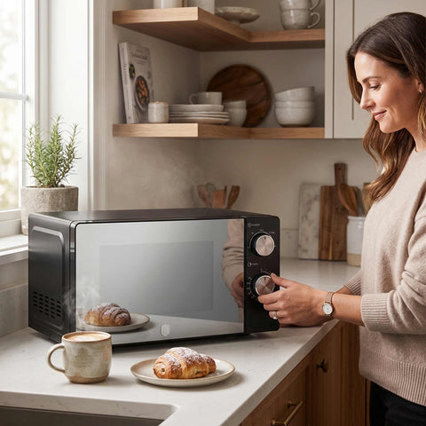 Product image of Mechanical microwave oven 20L. Part of the Black Vantage Collection/Matte Black Collection/Black Silver Collection . Features: • Input power: 1100W • Output power: 700W • Capacity: 20L • Glass plate: Ø24,5 cm • Size: 24,2*44,5*32,5 cm • Length of power cord: 85 cm • Color: .... (Studio view). Official Berlinger Haus product, boosted by Promintra sl.