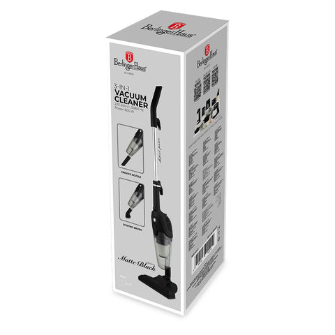 Product image of 3in1 corded vacuum cleaner. Part of the Black Vantage Collection/Matte Black Collection/Black Silver Collection . Features: • 220-240V, 50/60Hz, 600 W • Vacuum >10Kpa super powerful suction • Accessories: • 2 in 1 brush • Crevice tool • Sofa brush • 1 pcs washable HEPA f.... (Studio view). Official Berlinger Haus product, boosted by Promintra sl.
