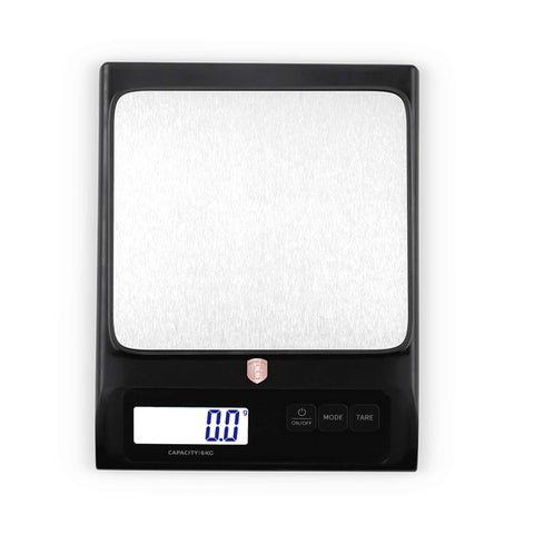 Product image of Digital kitchen scale capacity 6kg. Part of the Black Rose Collection . Features: • Material: stainless steel and plastic • Capacity: 6 kg • Size: 18,8*15*4,2 cm • Weight unit: g/oz/ml/lb • 2 pcs AAA battery included • Color: bla.... (Studio view). Official Berlinger Haus product, boosted by Promintra sl.