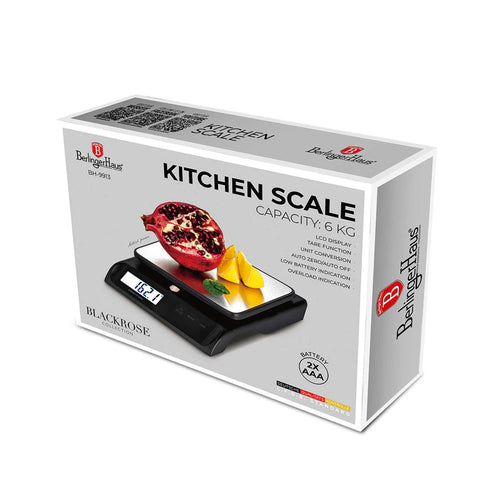 Product image of Digital kitchen scale capacity 6kg. Part of the Black Rose Collection . Features: • Material: stainless steel and plastic • Capacity: 6 kg • Size: 18,8*15*4,2 cm • Weight unit: g/oz/ml/lb • 2 pcs AAA battery included • Color: bla.... (Studio view). Official Berlinger Haus product, boosted by Promintra sl.