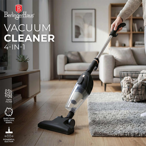 Product image of 4in1 corded vacuum cleaner with water function. Part of the Black Rose Collection . Features: • 220-240V, 50/60Hz, 600 W • Vacuum >10Kpa super powerful suction • Accessories: • 2 in 1 brush • Crevice tool • Sofa brush • Water tank • Mop pad .... (Studio view). Official Berlinger Haus product, boosted by Promintra sl.