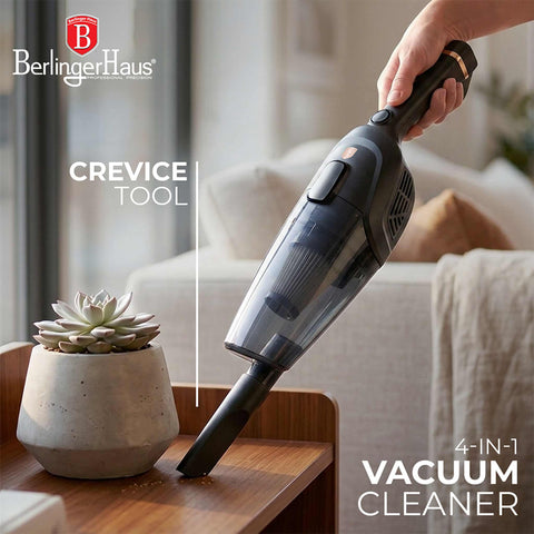 Product image of 4in1 corded vacuum cleaner with water function. Part of the Black Rose Collection . Features: • 220-240V, 50/60Hz, 600 W • Vacuum >10Kpa super powerful suction • Accessories: • 2 in 1 brush • Crevice tool • Sofa brush • Water tank • Mop pad .... (Studio view). Official Berlinger Haus product, boosted by Promintra sl.