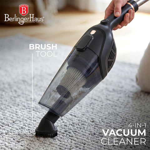 Product image of 4in1 corded vacuum cleaner with water function. Part of the Black Rose Collection . Features: • 220-240V, 50/60Hz, 600 W • Vacuum >10Kpa super powerful suction • Accessories: • 2 in 1 brush • Crevice tool • Sofa brush • Water tank • Mop pad .... (Studio view). Official Berlinger Haus product, boosted by Promintra sl.