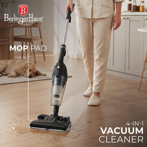 Product image of 4in1 corded vacuum cleaner with water function. Part of the Black Rose Collection . Features: • 220-240V, 50/60Hz, 600 W • Vacuum >10Kpa super powerful suction • Accessories: • 2 in 1 brush • Crevice tool • Sofa brush • Water tank • Mop pad .... (Studio view). Official Berlinger Haus product, boosted by Promintra sl.