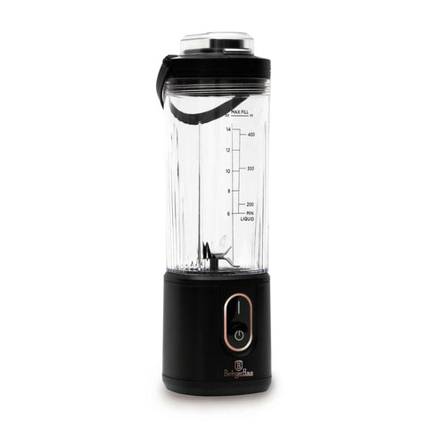 Product image of Cordless portable blender. Part of the Black Rose Collection . Features: • Material: stainless steel, plastic • Power: 110 W • Capacity: 400 ml • Rechargeable battery: 2000mAh, 7,4 V • Charging time: 3 hours • Accessorie.... (Studio view). Official Berlinger Haus product, boosted by Promintra sl.