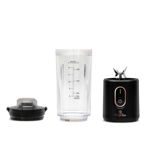 Product image of Cordless portable blender. Part of the Black Rose Collection . Features: • Material: stainless steel, plastic • Power: 110 W • Capacity: 400 ml • Rechargeable battery: 2000mAh, 7,4 V • Charging time: 3 hours • Accessorie.... (Studio view). Official Berlinger Haus product, boosted by Promintra sl.