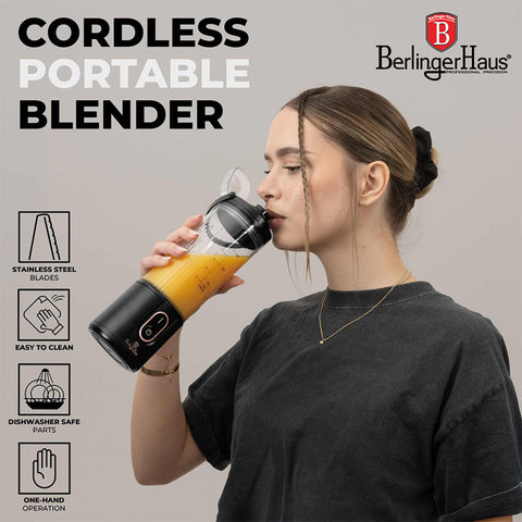 Product image of Cordless portable blender. Part of the Black Rose Collection . Features: • Material: stainless steel, plastic • Power: 110 W • Capacity: 400 ml • Rechargeable battery: 2000mAh, 7,4 V • Charging time: 3 hours • Accessorie.... (Studio view). Official Berlinger Haus product, boosted by Promintra sl.