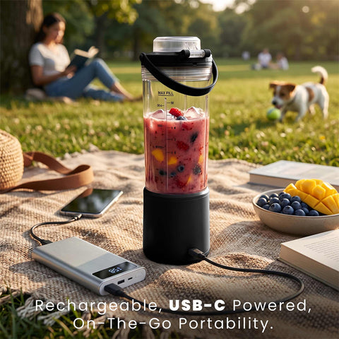 Product image of Cordless portable blender. Part of the Black Rose Collection . Features: • Material: stainless steel, plastic • Power: 110 W • Capacity: 400 ml • Rechargeable battery: 2000mAh, 7,4 V • Charging time: 3 hours • Accessorie.... (Studio view). Official Berlinger Haus product, boosted by Promintra sl.