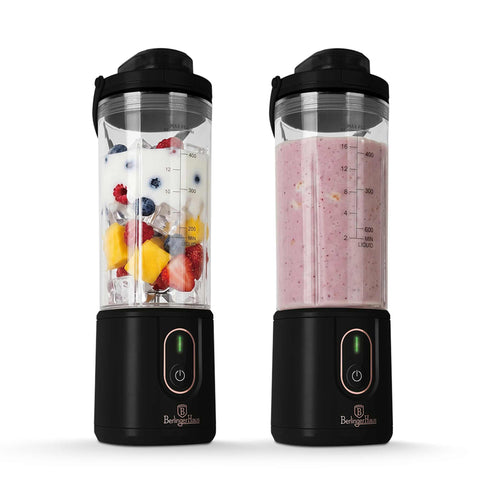 Product image of Cordless portable blender. Part of the Black Rose Collection . Features: • Material: stainless steel, plastic • Power: 110 W • Capacity: 400 ml • Rechargeable battery: 2000mAh, 7,4 V • Charging time: 3 hours • Accessorie.... (Studio view). Official Berlinger Haus product, boosted by Promintra sl.