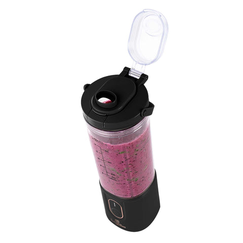 Product image of Cordless portable blender. Part of the Black Rose Collection . Features: • Material: stainless steel, plastic • Power: 110 W • Capacity: 400 ml • Rechargeable battery: 2000mAh, 7,4 V • Charging time: 3 hours • Accessorie.... (Studio view). Official Berlinger Haus product, boosted by Promintra sl.